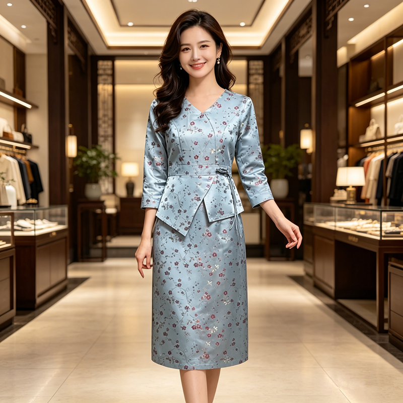 香薇姿宋锦连衣裙女2026春秋新中式轻奢V领妈妈正式场合收腰裙子