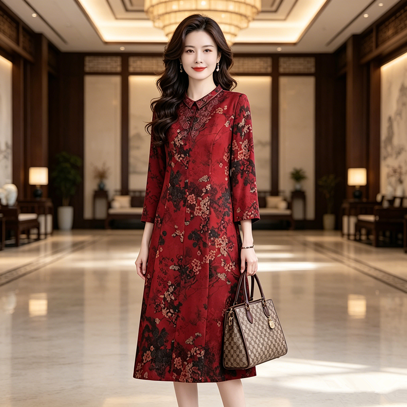 早春真丝香云纱连衣裙女2026中年妈妈轻奢高级感春季长袖红色裙子