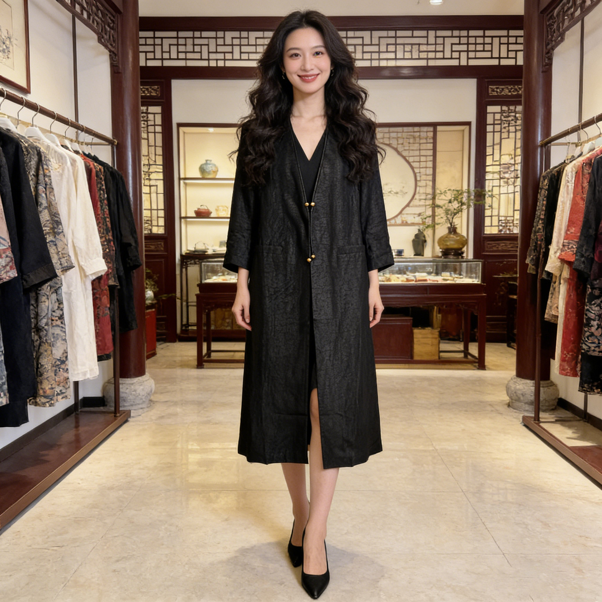 真丝香云纱风衣女新中式黑色中长款宽松显瘦高级感长袖桑蚕丝外套