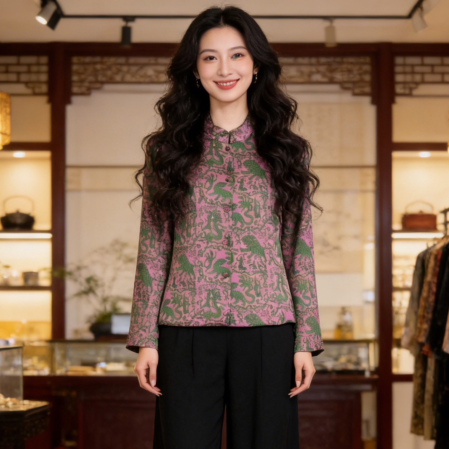 香云纱妈妈装复古印花衬衫女长袖桑蚕丝开衫女装春季高端丝绸上衣