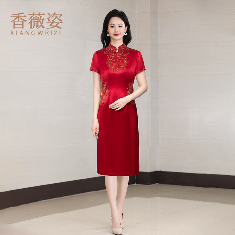 醋酸旗袍红色连衣裙女夏2025新款妈妈婚宴礼服新中式喜婆婆婚宴装