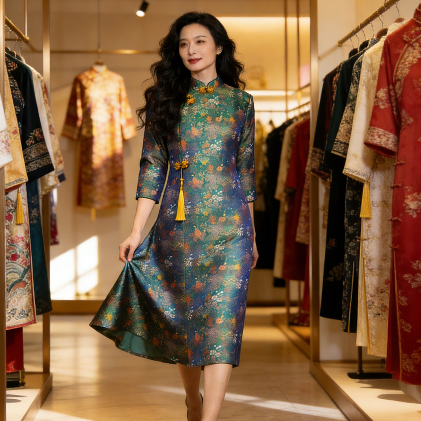 蜀锦旗袍妈妈订婚婚宴礼服100%桑蚕丝喜婆婆春季高端新中式连衣裙