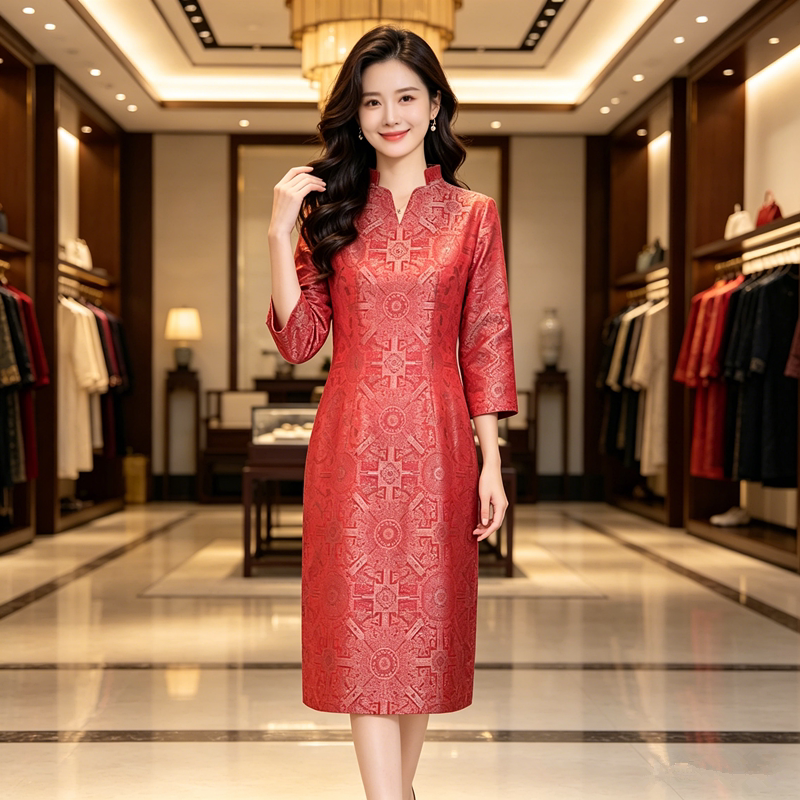 宋锦八达运红色连衣裙女春新款订婚妈妈婚宴装喜婆婆婚宴春季裙子