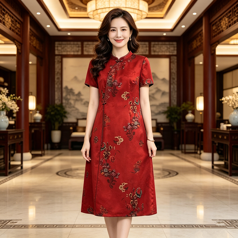 真丝香云纱妈妈婚宴装新中式连衣裙女夏季红色短袖喜婆婆婚宴礼服