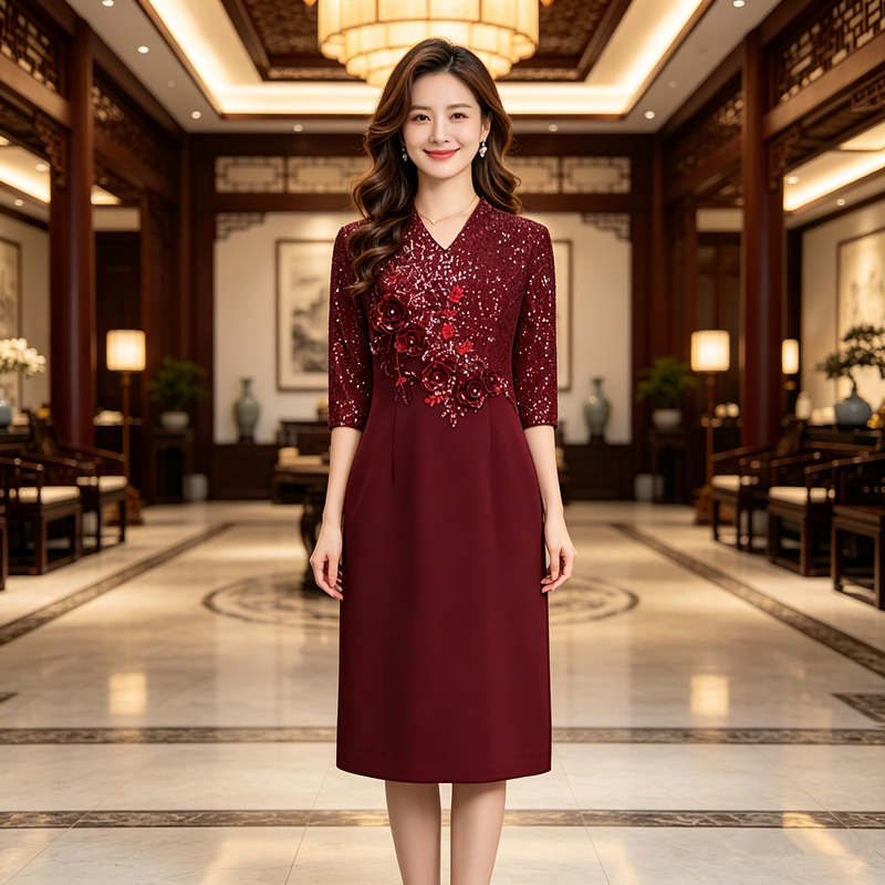 秋季妈妈喜服订婚喜婆婆婚宴礼服高端平时可穿高贵宴会连衣裙女秋