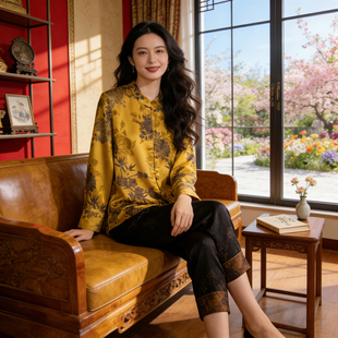 新中式重锻真丝外套春季立领长袖上衣高端复古宽松提花桑蚕丝女装