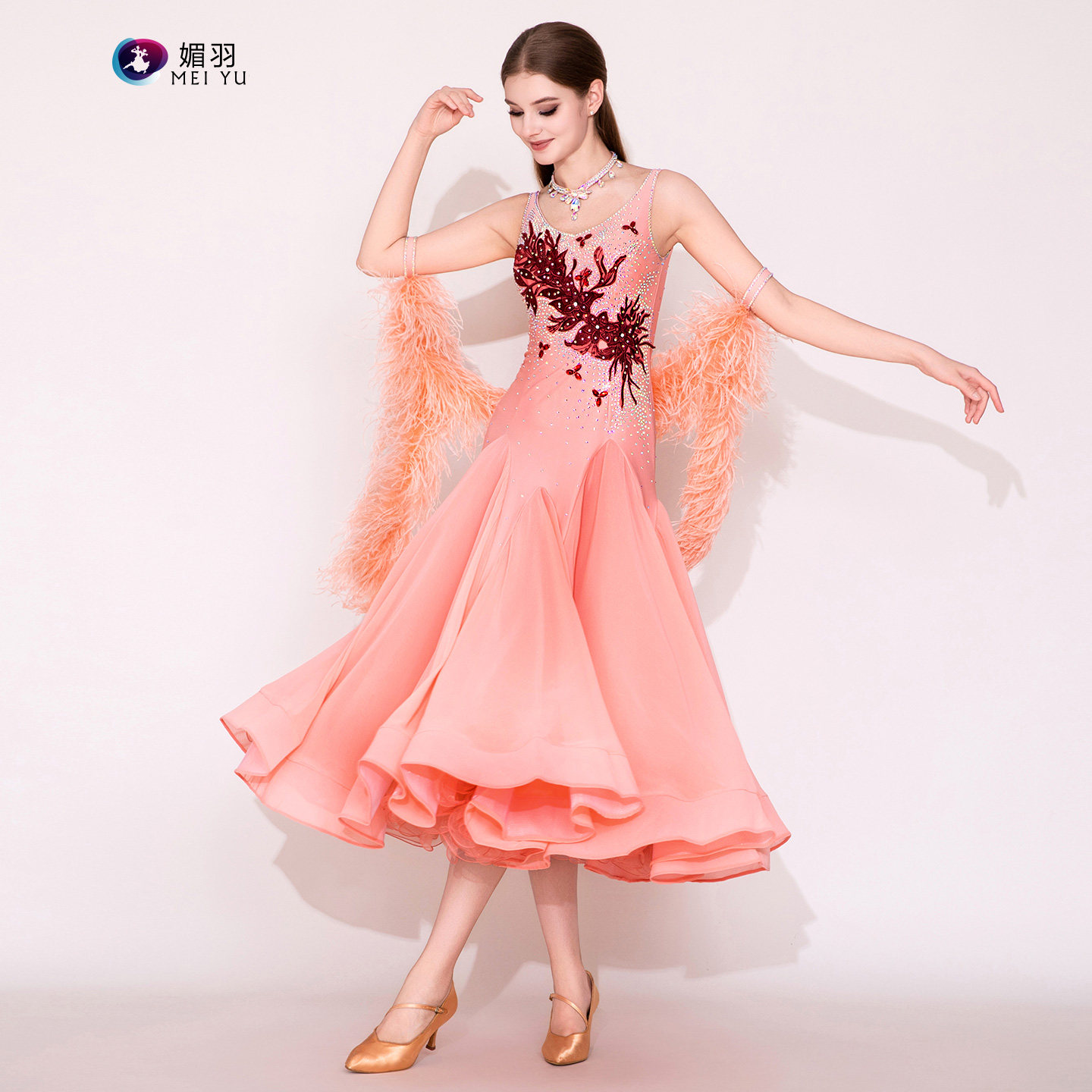 唤醒色彩!媚羽 驼鸟毛摩登舞裙MY945重工演出服华尔兹国标舞服