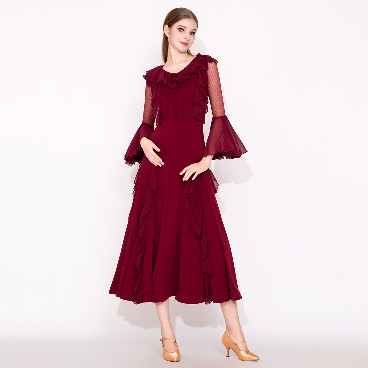 玫瑰花茶！媚羽成人摩登舞裙MY950国标舞服装练功服绛红色