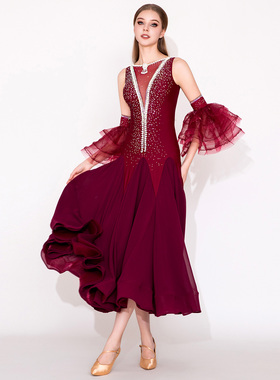 卡门变奏!媚羽MY948摩登舞演出服酒红绛红色国标舞比赛表演服镶钻