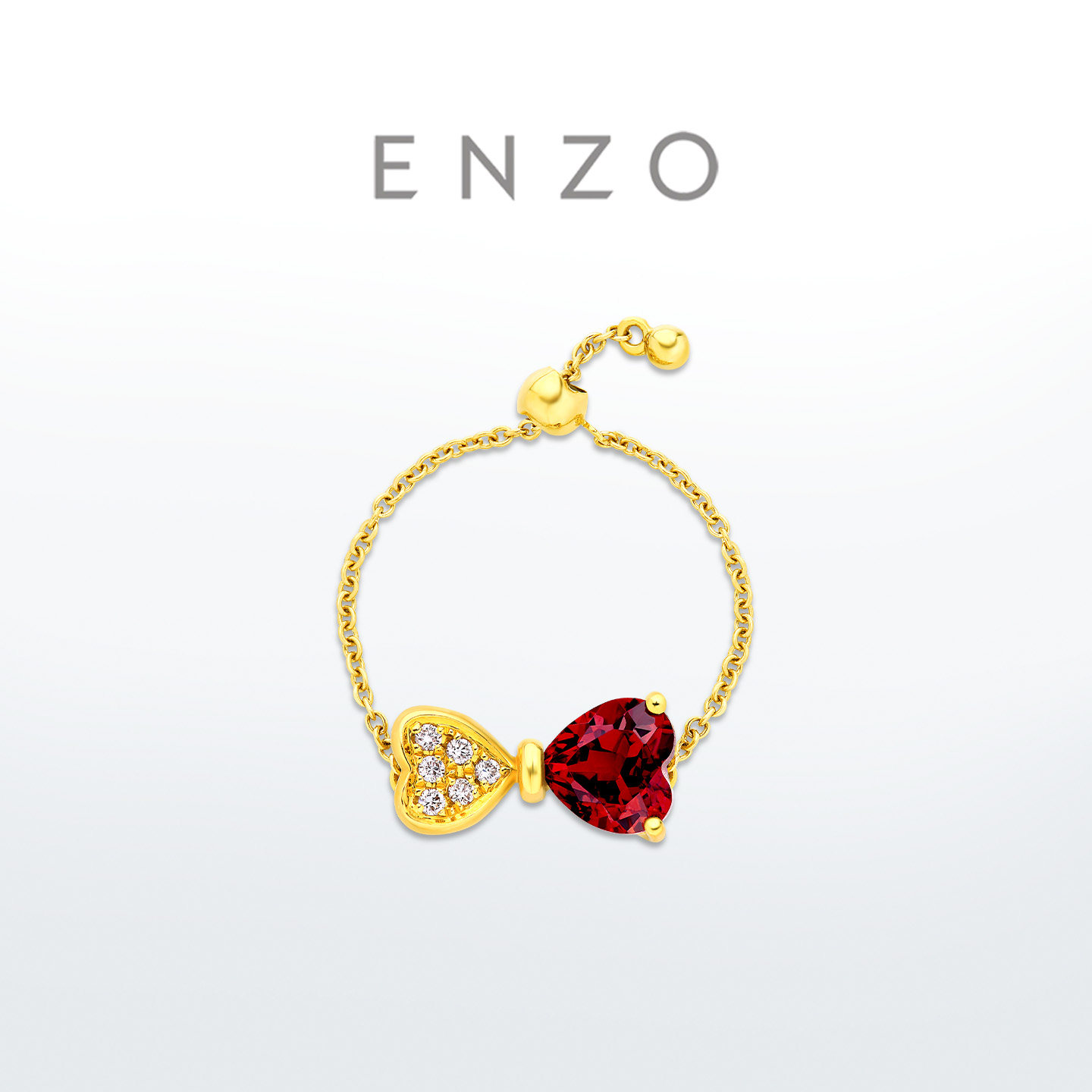 ENZO 蝴蝶结 18K金石榴石钻石爱心戒指可调节链戒女 EZV71