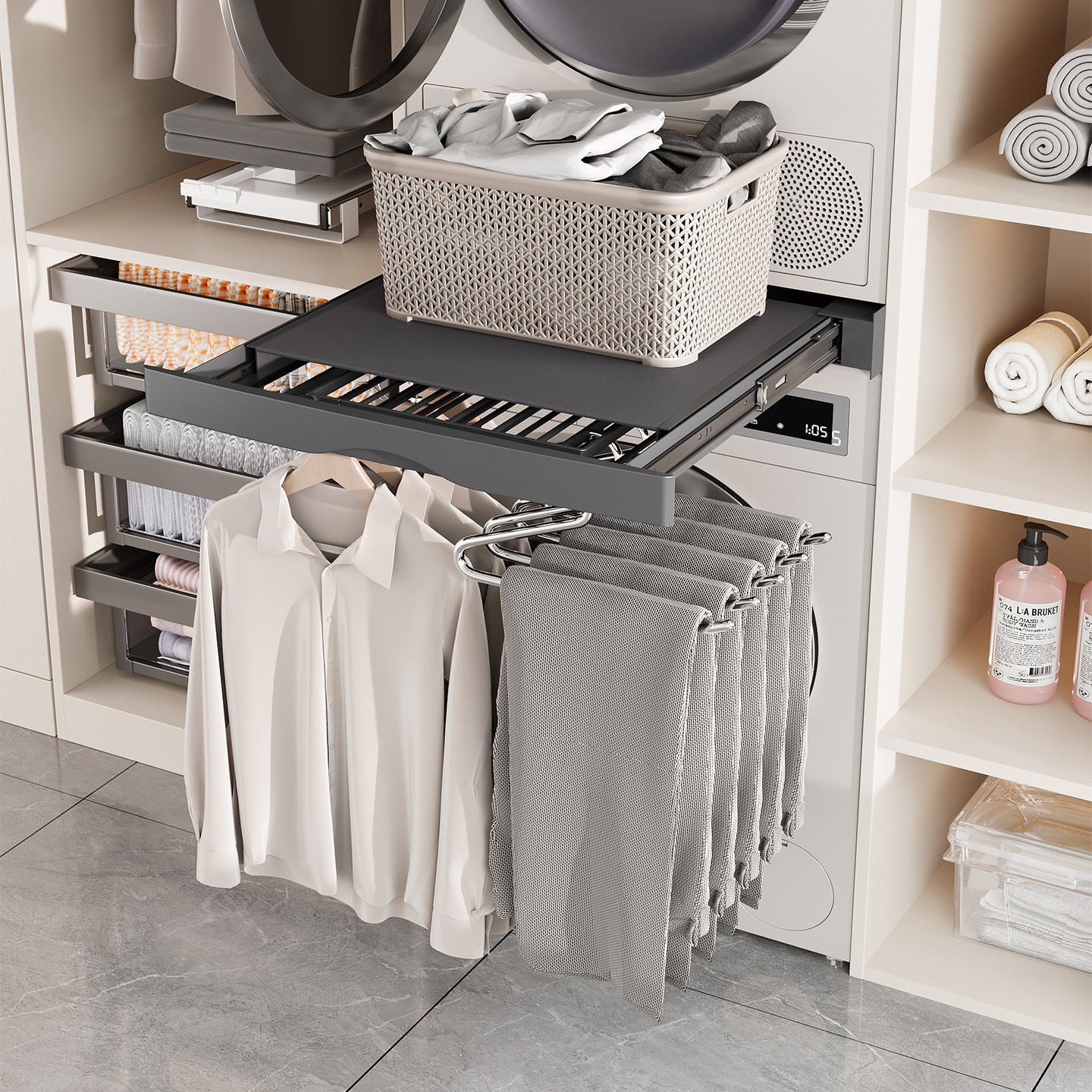 洗烘套装专用晾衣架阳台洗衣机抽拉衣架上方挂衣杆伸缩式隐形裤架