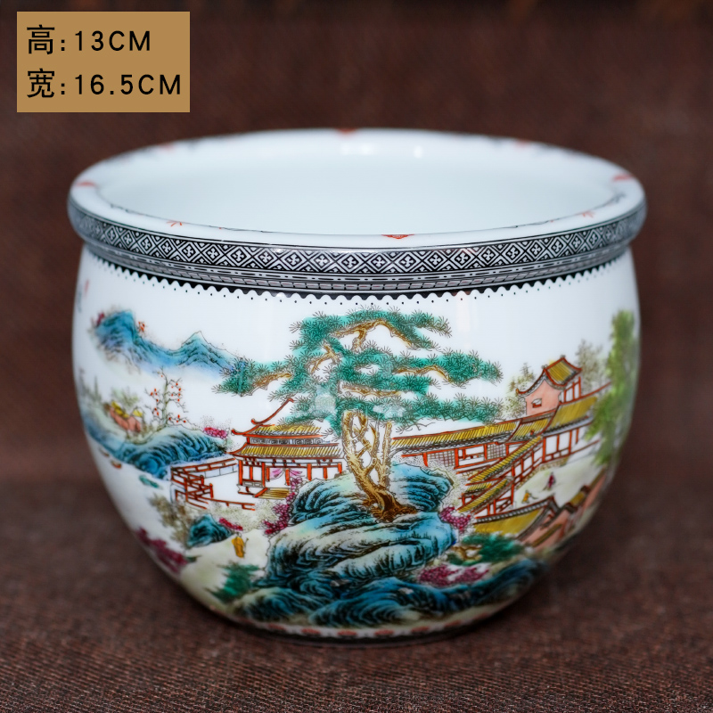 景德镇陶瓷器手绘粉彩远江悬帆山水茶洗水洗台面摆件水盂笔洗