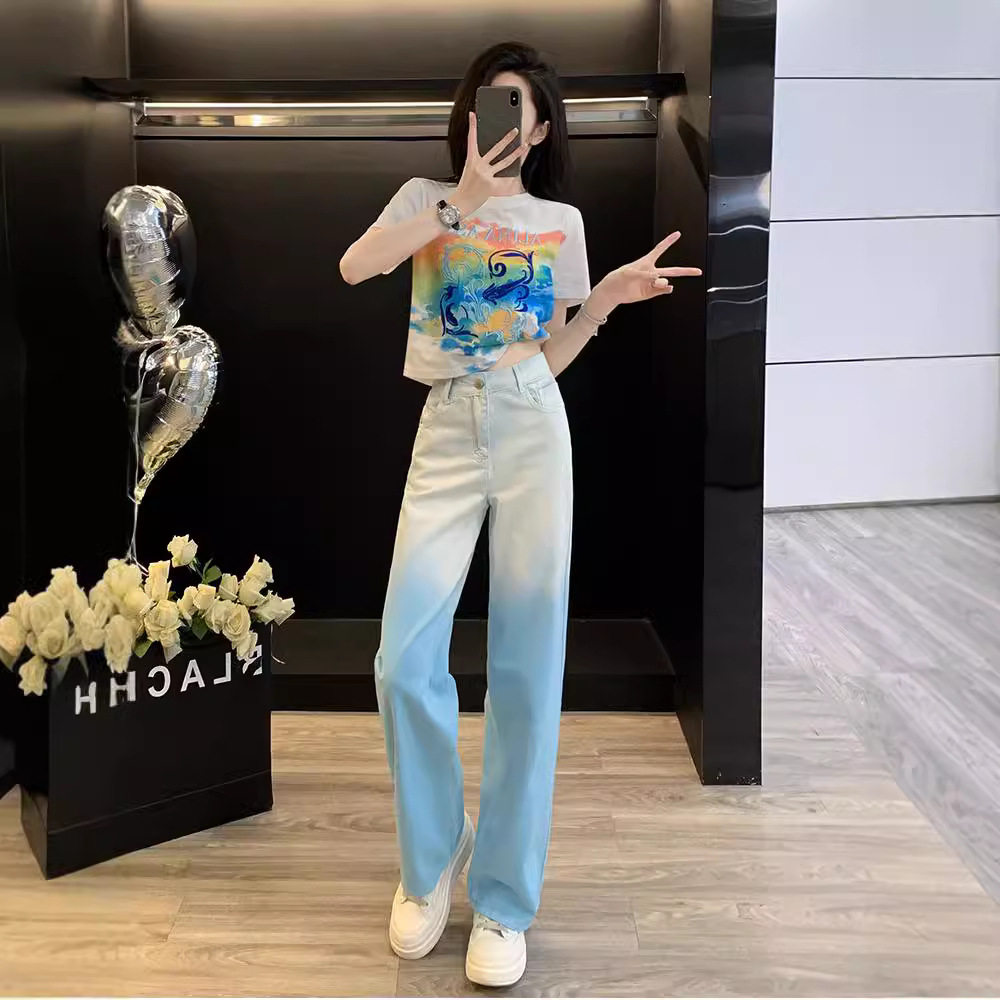 成套搭配女装减龄夏季白色短款短袖T恤渐变阔腿牛仔裤时尚两件套
