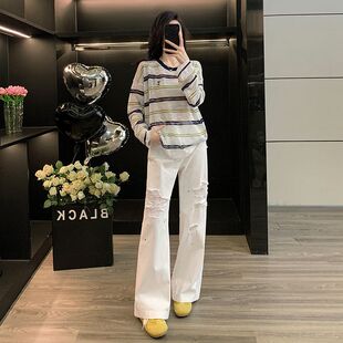网红洋气时尚套装女秋条纹长袖T恤针织衫显瘦白色破洞阔腿牛仔裤