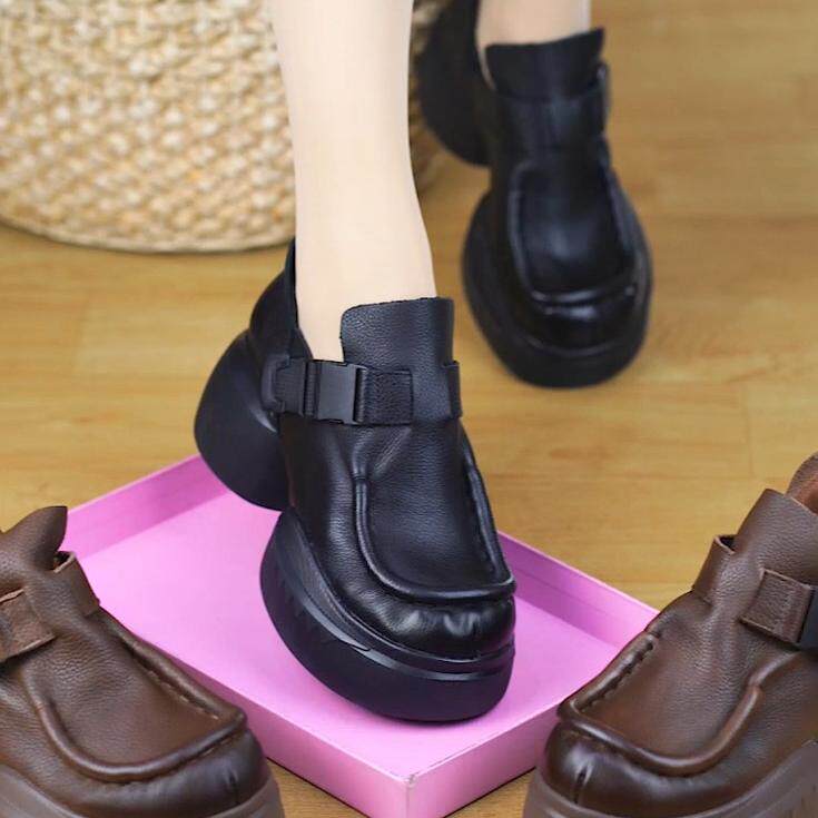 厚底一脚蹬真皮单鞋女春秋新款松糕休闲百搭民族风复古增高妈妈鞋