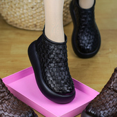 软底软面妈妈鞋 纯牛皮厚底编织女鞋 后拉链舒适懒人鞋 春秋单鞋 新款