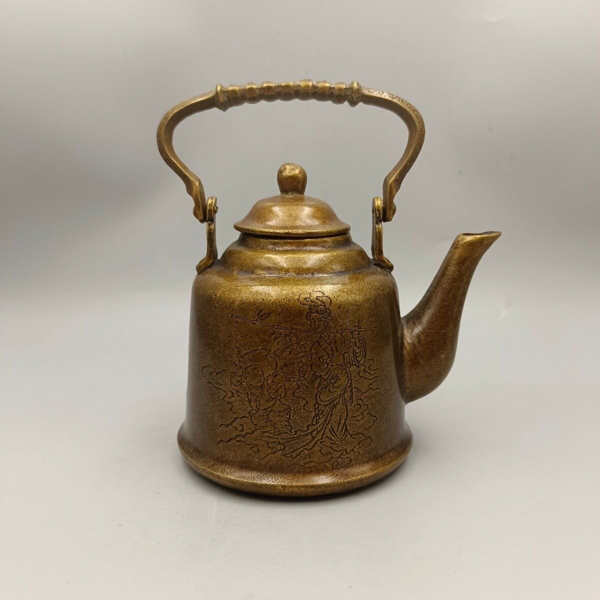 古玩杂项纯铜康熙六年茶壶仕女图童子寿桃老式宫廷提梁壶古董摆件