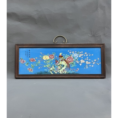 中式实木框蓝底花鸟瓷板画繁花似锦横挂屏瓷器画客厅宾馆装饰画