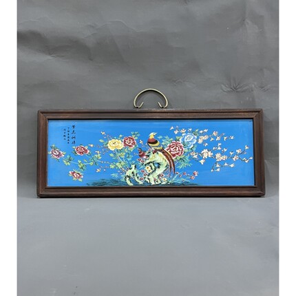 中式实木框蓝底花鸟瓷板画繁花似锦横挂屏瓷器画客厅宾馆装饰画