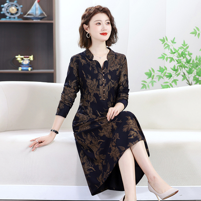 妈妈装春秋季新款时尚连衣裙中老年女装洋气减龄裙子长袖