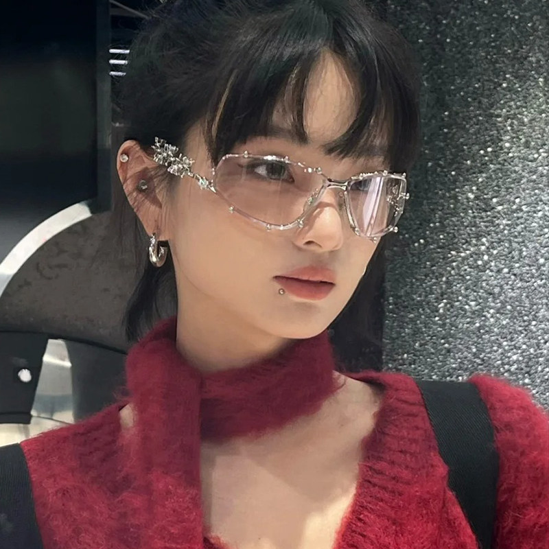 韩版GM金属透明色素颜镶钻眼镜钻石装饰圆脸平光女款辣妹2025新款