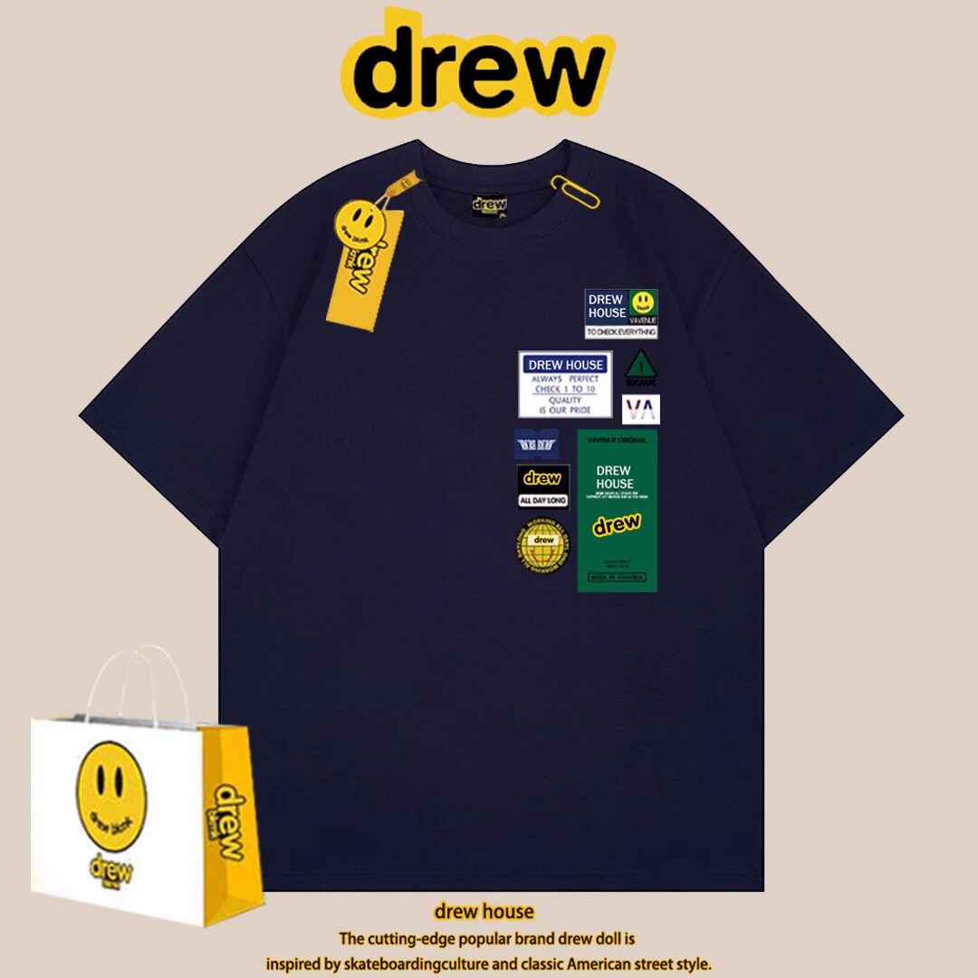 drew笑脸短袖贴子T恤男宽松女ins潮牌圆领印花休闲运动半袖情侣装