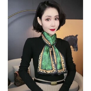 秋季新款平角丝巾领巾长条巾百搭围巾飘带网红款显白气质祖母绿