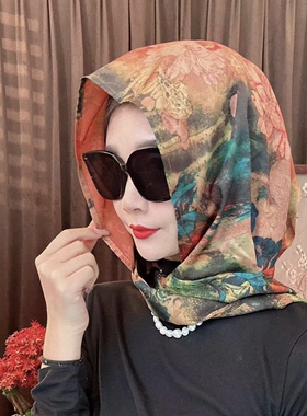 新款旅游丝巾香云纱花萝多功能丝巾女士披肩包头飘带帽防晒双面花