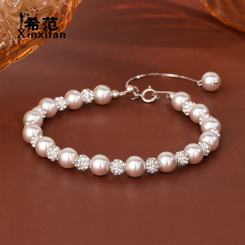 s925纯银曼塔玫瑰色珍珠手链串珠高级感小众新中式香巴拉水晶钻球