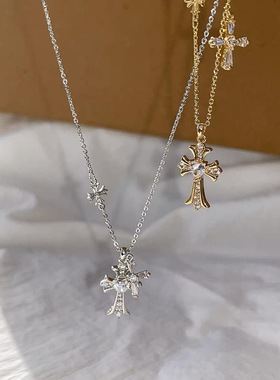 金属锆石双十字架项链女款配饰高级感轻奢小众金色锁骨链2025新款