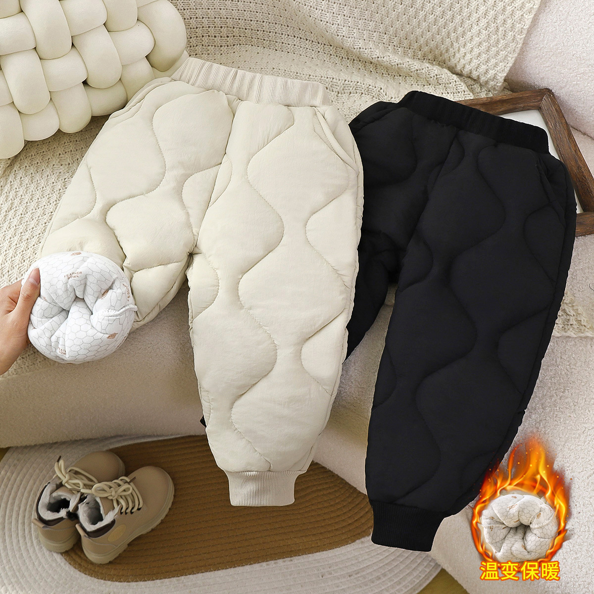 2024冬季新款儿童三层保暖加绒加厚休闲棉裤 中小童纯色防风长裤