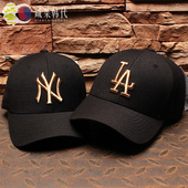 韩国MLB棒球帽硬顶大标NY帽子黑色金标男女春夏LA鸭舌帽纯黑潮牌