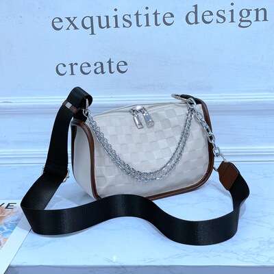 链条包小众设计真皮女包马鞍包休闲单肩包头层牛皮格纹斜挎包7208