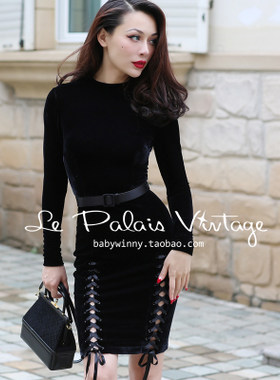 le palais vintage孤品  优雅天鹅绒显瘦弹力开叉绑带连衣裙