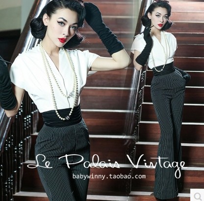 le palais vintage孤品 黑白条纹高腰显瘦腰封阔腿长裤 吸烟装