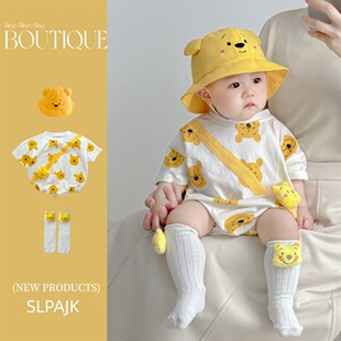 韩国SLPAJK三件套装 婴儿夏天柔软棉质三角哈衣男女宝宝袜子帽子潮