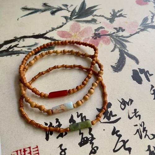 天然青玉橄榄核拼玉石玛瑙串珠手串女细款叠戴中式古典文艺木质