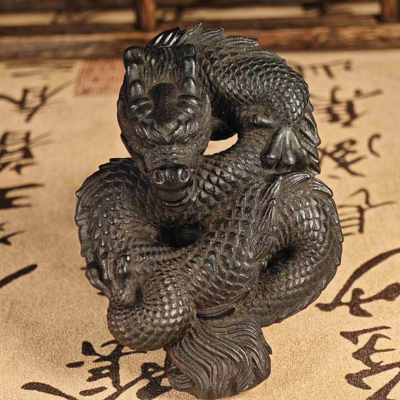 印尼达拉干木雕盘龙镂空飞龙客厅摆件随身盘玩文玩手把件家居