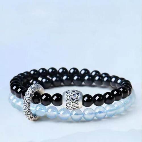 普陀山同款黑曜石海蓝宝双圈手串男女款水晶1手链转运珠招财送礼