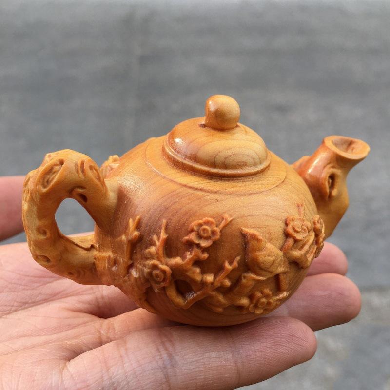 崖柏木雕南瓜壶手把件文玩 实木喜上眉梢梅花茶壶摆件茶宠工艺品