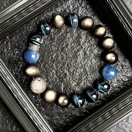 【星曜】天然水晶蓝虎眼石手串男陨石银曜石手情侣送生日礼物