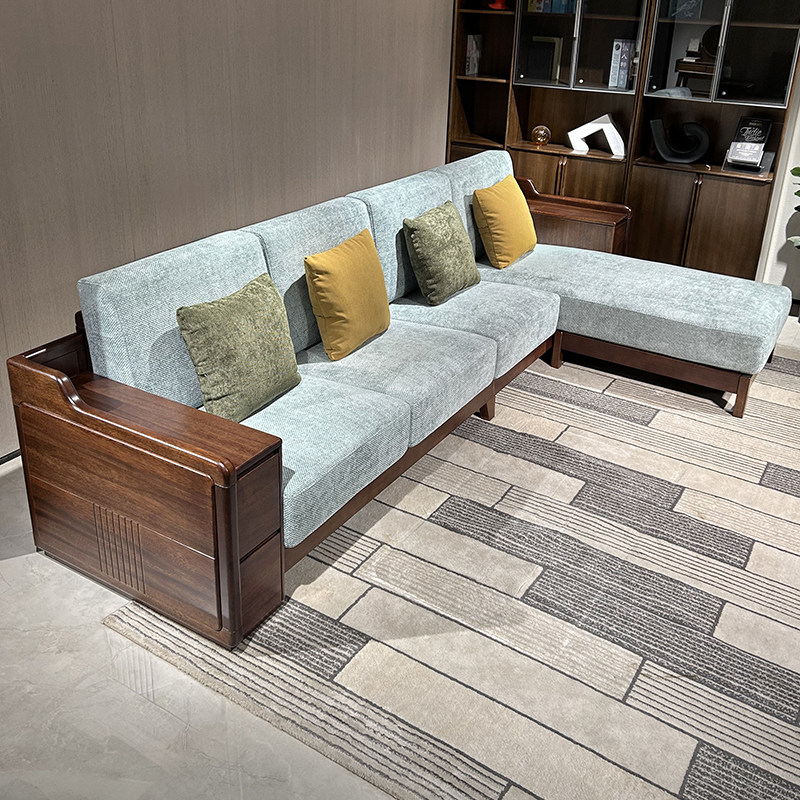 全实木沙发简约现代胡桃木四人位储物转角布艺沙发家用客厅小户型