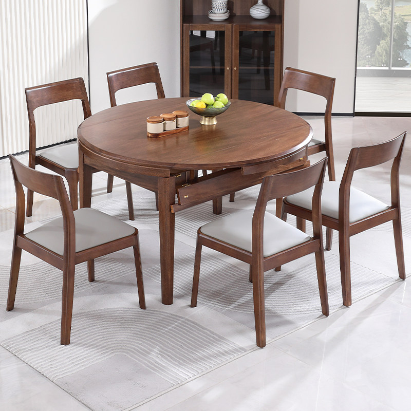 全实木餐桌可伸缩折叠椭圆家用可变圆桌胡桃木简约现代餐桌椅组合