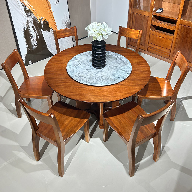 胡桃木圆桌全实木餐桌家用小户型现代中式圆形餐桌椅组合带转盘