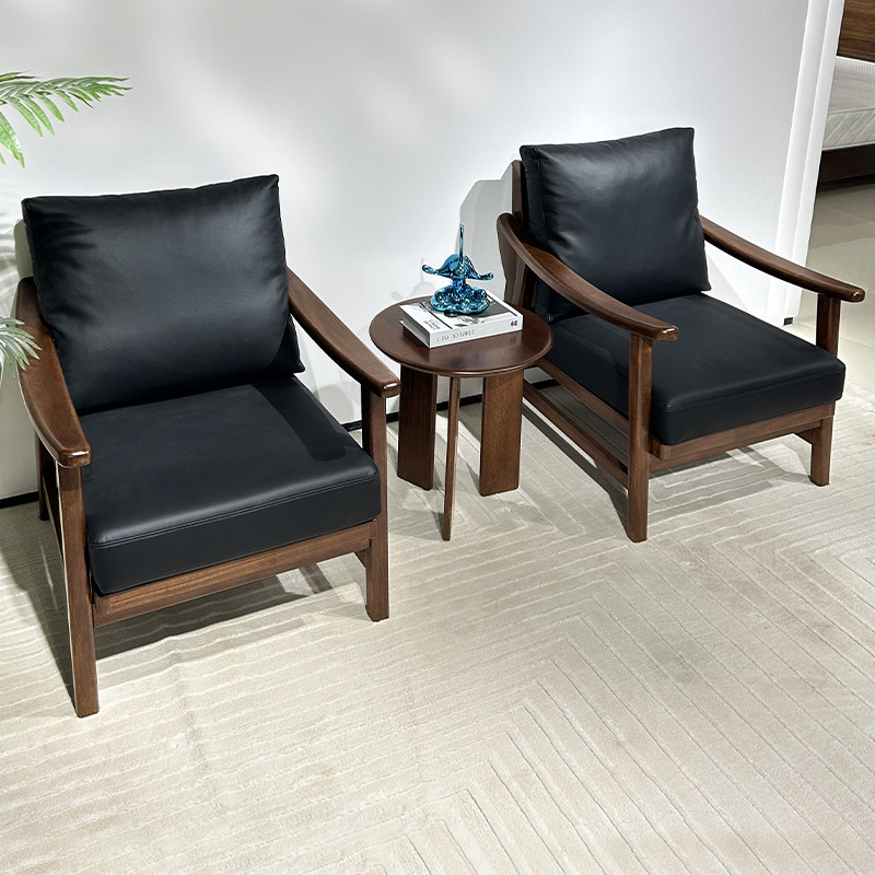 全实木休闲椅阳台沙发椅三件套小户型简约现代胡桃木真皮洽谈椅