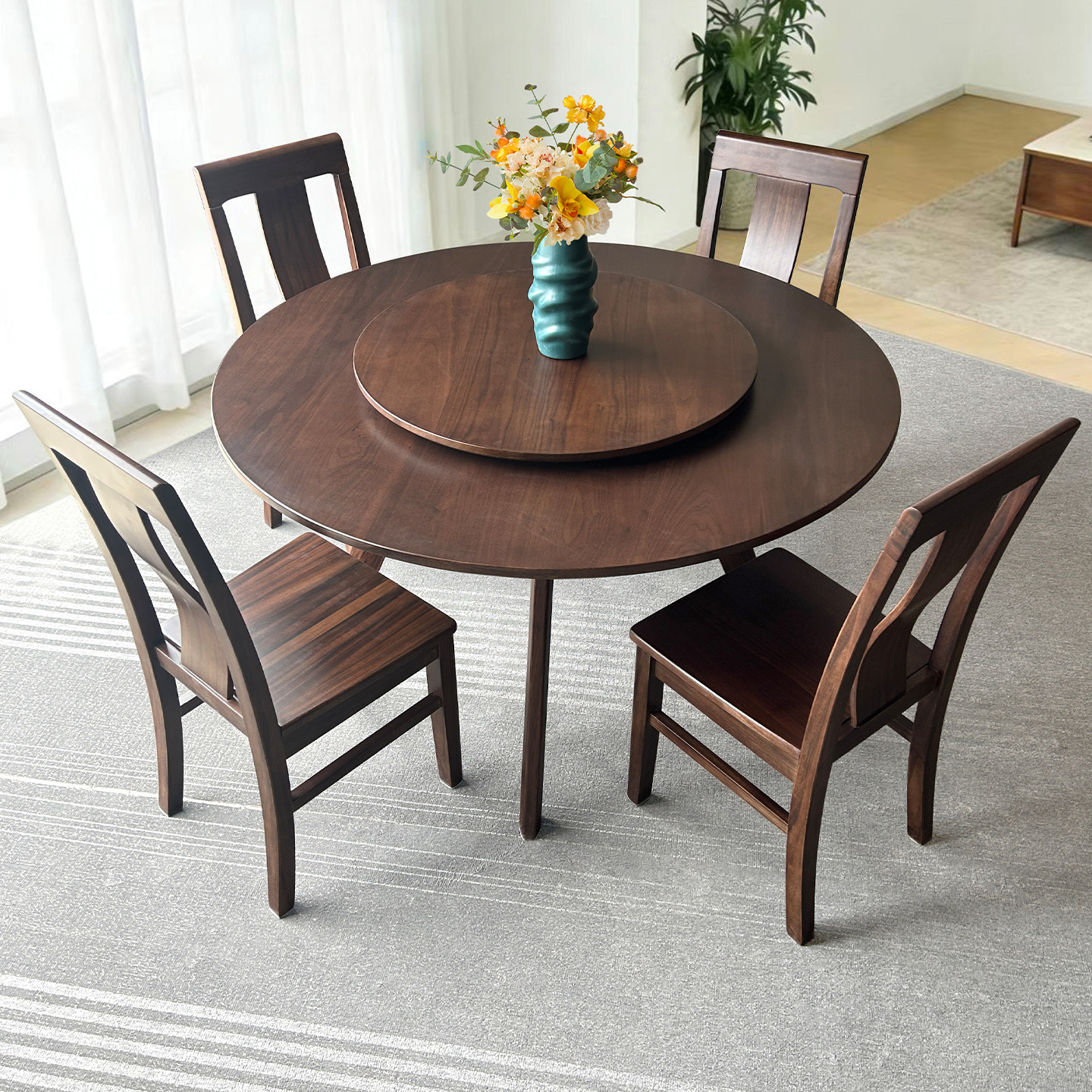 全实木圆桌家用简约复古风胡桃木吃饭桌子圆形带转盘小户型餐桌椅