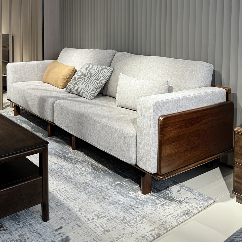 胡桃木简约现代直排沙发客厅家用小户型北欧极简风全实木布艺沙发