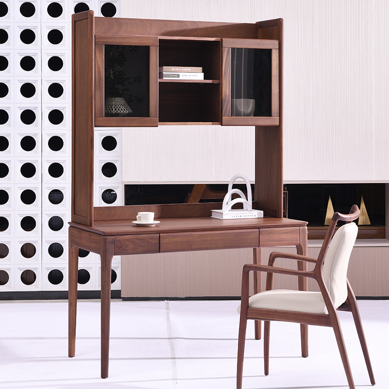 全实木书桌书架一体家用现代简约学生儿童学习桌卧室核桃木写字台