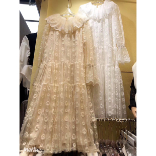 春装 气质小清新桔梗碎花裙子 2020荷叶边网纱刺绣蕾丝连衣裙韩版