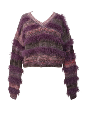 V领紫色条纹毛毛拼接针织衫设计感毛衣女春秋冬内搭宽松短款上衣